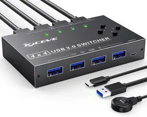 USB 3.0 Switch 4 Computers,4 Port USB Switch Selector Sharing Keyboard Mouse Printer,USB Switcher Compatible with Mac/Windows/Linux,Wired Remote and 4 USB 3.0 Cable Included