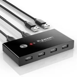 USB Switch Selector for 2 Computers, USB Switcher Sharing 4 USB 2.0 Devices Peripheral Hub for Mouse Keyboard Scanner Printer with One-Button Swapping and 2 Pack USB A to A Cable