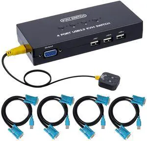 VGA KVM Switch 4 Port, USB VGA KVM Switcher for 4 Computers Share 1 Monitor 3 USB Devices Keyboard Mouse Scanner Printer, Including 4 KVM Cables & Desktop Control