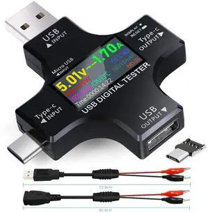 USB C Tester,2 in 1 Tester Color Screen IPS Digital Multimeter(2024),Voltage,Cur,Pwr,Resistance,Elec,Temp,Capacity,Tme,Fast Charging,with USB Clip Cable Support PD2.0/PD3.0,QC2.0/QC3.0,BC1.2