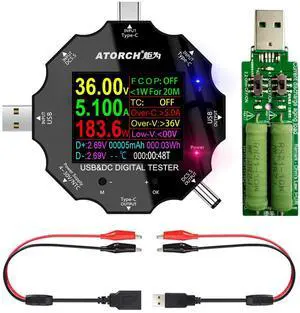 USB C Tester, 3 in 1 Type C DC5.5 USB Meter USB Load Color Screen IPS Digital Multimeter,Voltage,Current,Power,Resistance,Capacity Detector,with Clip Cable Support PD2.0/PD3.0,QC2.0/QC3.0