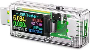 USB 3.0 Tester, IPS Color Display Digital Multimeter Voltmeter Current and Voltage Monitor, DC 5.1A/30V/150W Power Meter Tester, Test Speed of Chargers, Cables, Capacity of Power Banks-Clear