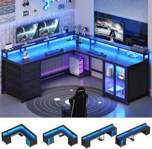 109 L Shaped Gaming Desk with 4 Drawers, Computer Desk with Display Cabinet, Home Office Desks with 2 Monitor Stands, CPU Stand, LED Lights and Power Outlet, Black