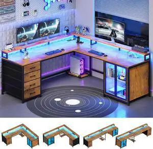 109 L Shaped Gaming Desk with 4 Drawers, Computer Desk with Display Cabinet, Home Office Desks with 2 Monitor Stands, CPU Stand, LED Lights and Power Outlet, Rustic Brown