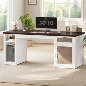 55.1" Rattan Computer Desk with Drawers, Office Desk with Drawers & Storage Cabinet, Farmhouse Home Office Desk with Storage, Wood Writing Desk with Power Outlets for Home Office, White