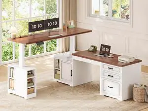Farmhouse L Shaped Electric Standing Desk, 63" x 67" Height Adjustable Home Office Executive Desk with Drawers and Shelves, Standing Computer Desks with Power Outlet for Home Office, White