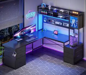 67" L Shaped Gaming Desk with Drawers, Reversible Computer Corner Desk with File Drawer, Hutch, Storage Shelves for Home Office, Gaming Two Person Desk with Led Lights, Power Outlet, Black