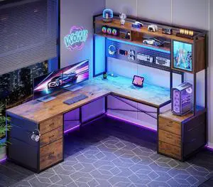 67" L Shaped Gaming Desk with Drawers, Reversible Computer Corner Desk with File Drawer, Hutch, Storage Shelves for Home Office, Gaming Two Person Desk with Led Lights, Power Outlet, White