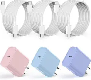 [3Pack] 20W USB C Fast Charger iPhone 16 Fast Charging, Apple 15 Charger Block 6ft C to C Long Charging Cable Cord for iPhone 16/16e/16 Pro/16 Pro Max/iPhone 15 Series/iPad Air/Mini(Pink+Blue+Purple)