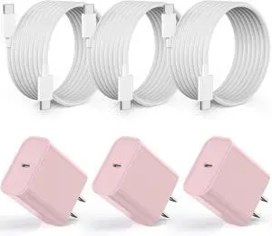 [Apple MFi Certified] iPhone 16 Pro Max Quick Charger,3Pack 20W USB C Wall Charger Block and 6 Feet USB C to USB C Fast Charging Cable for iPhone 16/16 Plus/Pro/Pro Max/iPhone 15/15 Pro Max/Plus(Pink)