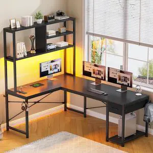 51.2" L Shaped Gaming Desk, Reversible Small Corner Desk with Drawer, Power Outlet & LED Lights, Computer Desk with Storage Shelves for Small Space, Black