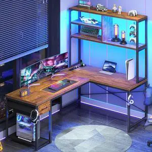 51.2" L Shaped Gaming Desk, Reversible Small Corner Desk with Drawer, Power Outlet & LED Lights, Computer Desk with Storage Shelves for Small Space, Rustic Brown