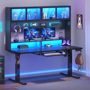 55" Electric Standing Desk with Storage, Height Adjustable Gaming Desk with Hutch and Pegboard, Sit Stand Up Desk with Led Lights, Power Outlet, Monitor Shelf, Keyboard Tray for Home Office, Black