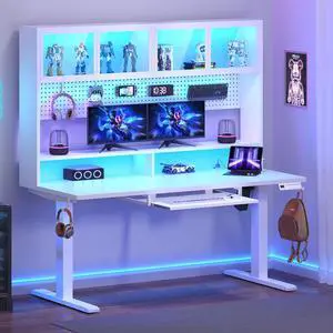 55" Electric Standing Desk with Storage, Height Adjustable Gaming Desk with Hutch and Pegboard, Sit Stand Up Desk with Led Lights, Power Outlet, Monitor Shelf, Keyboard Tray for Home Office, White