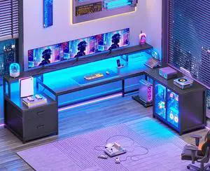 78.7 L Shaped Gaming Desk, Large Computer Desk with Drawers and Power Outlet & LED Light, Corner Gaming Desk with Storage Shelves, Display Cabinet for Home Office, Black