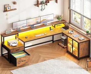 78.7 L Shaped Gaming Desk, Large Computer Desk with Drawers and Power Outlet & LED Light, Corner Gaming Desk with Storage Shelves, Display Cabinet for Home Office, Rustic Brown