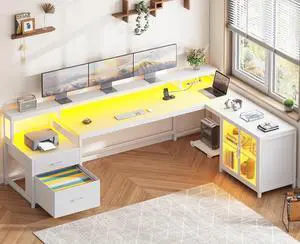 78.7 L Shaped Gaming Desk, Large Computer Desk with Drawers and Power Outlet & LED Light, Corner Gaming Desk with Storage Shelves, Display Cabinet for Home Office, White