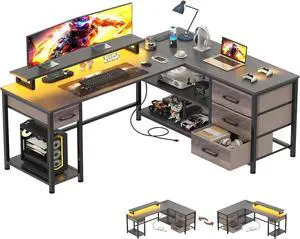 L Shaped Gaming Desk with USB Charging Ports and LED Lights, Reversible Corner Desk with Drawers, Home Office Desk with Storage Shelves, Grey