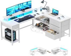L Shaped Gaming Desk with USB Charging Ports and LED Lights, Reversible Corner Desk with Drawers, Home Office Desk with Storage Shelves, White