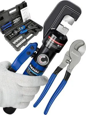 Hydraulic Crimping Tool and Cable Cutter Hydraulic Cable Lug Crimper 8 US TON 12 AWG to 00 (2/0) Electrical Terminal Cable Wire Tool Kit with 9 Die