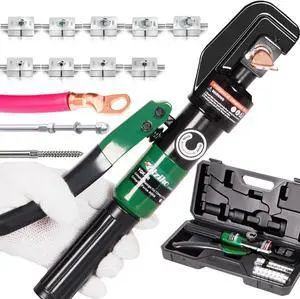 Hydraulic Cable Lug Crimper 10 US TON 12 AWG to 00 (2/0) Electrical Terminal Cable Wire Tool Kit with 9 Die (12awg~00awg Crimping Tool)