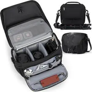 Camera Bag, DSLR/SLR/Mirrorless Camera Case with Tripod Holder Waterproof Camera Sling Bag Crossbody Camera Bags for Photographers with Rain Cover for Canon/Nikon/Sony/Fuji, Black