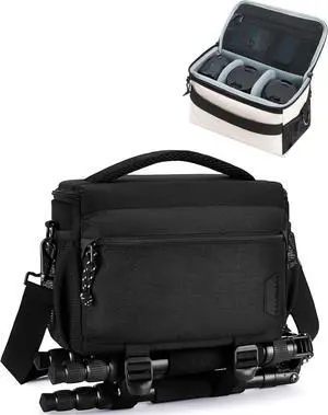 Small Camera Bag for Photographers, Compact Camera Shoulder Bags for DSLR/SLR/Mirrorless Cameras, Waterproof Crossbody Camera Case with Tripod Holder, Black