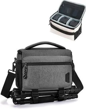Small Camera Bag for Photographers, Compact Camera Shoulder Bags for DSLR/SLR/Mirrorless Cameras, Waterproof Crossbody Camera Case with Tripod Holder, Grey
