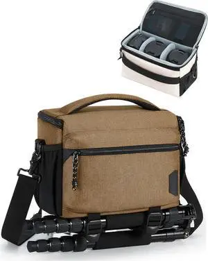 Small Camera Bag for Photographers, Compact Camera Shoulder Bags for DSLR/SLR/Mirrorless Cameras, Waterproof Crossbody Camera Case with Tripod Holder, Khaki