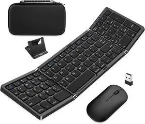 Foldable Keyboard and Mouse, Folding Wireless Keyboard Mouse Combo with Portable Case, Rechargeable 2.4G+Bluetooth Multi-Device Combo for Windows, iOS, Android, MacOS PC/Laptop/Tablet