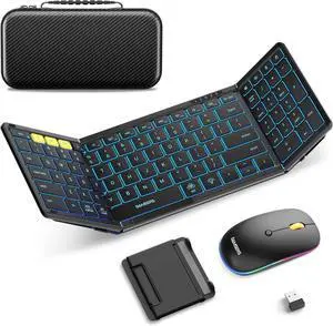 Foldable Keyboard and Mouse, Folding Bluetooth Keyboard Mouse Combo with Backlight, 2.4G + BT5.0 x 2, Full-Size Travel Keyboard & Portable Wireless Mouse for Windows/Android/iOS/Mac OS, Elegant Black