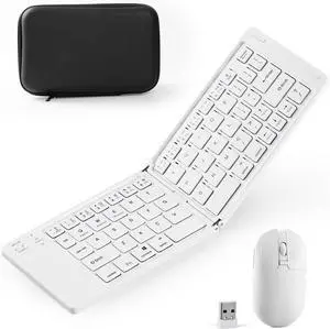 ,Foldable Keyboard and Mouse, 2.4G Wireless+Dual Bluetooth5.0 Folding Keyboard & Mouse Combos for Business and Travel, USB-C Rechargeable Portable Keyboard Mouse for iPads, Phones, Tablets-White