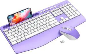 Ergonomic Purple Wireless Keyboard and Mouse Combo,2.4GHz Silent Full-Size Mouse and Keyboard,Wrist Rest,Phone Holder,Compatible with Windows, PCs, Laptops