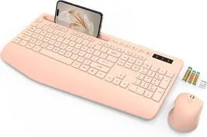 Wireless Keyboard and Mouse, Wrist Rest, Phone Holder, Batteries Included, 2.4G Lag-Free Ergonomic Keyboards Mouse Combo, Silent Cordless Set for Computer, Laptop, Mac, Windows, Champagne Pink