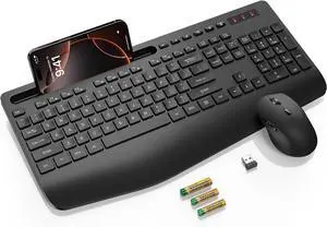 Wireless Keyboard and Mouse Combo - Full Size Ergonomic Wrist Rest, Silent Typing, Phone Holder, 2.4 GHz, 3 Level DPI, Batteries Powered, Compatible with PC, Laptop, Windows, macOS