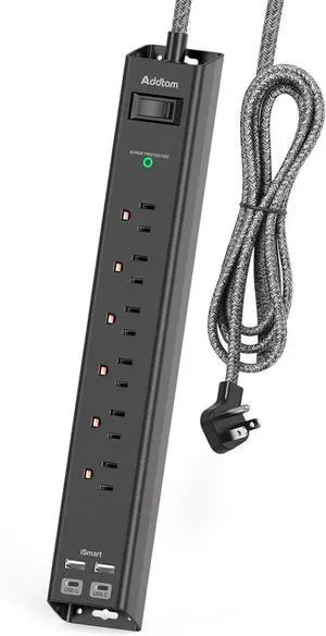 Surge Protector Power Strip - Extension Cord with 6 AC Outlets 4 USB (2 USB-C Ports), 1875W/15A, Flat Plug with Overload Surge Protection, Outlet Extender for Home Office Dorm Room Essentials