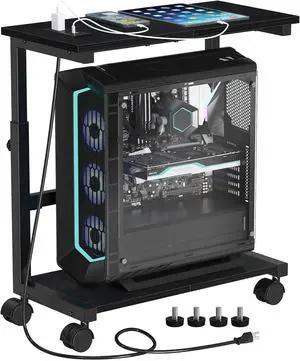 Computer Tower Stand with Charging Station, 25.0"-32.1" Height Adjustable PC Tower Stand for Floor, Mobile PC Holder with Locking Wheels Computer Cart for Home Office