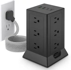 Power Strip Tower with Multiple Outlets, 6.5 Ft Extension Cord Flat Plug with 12 AC Outlets 4 USB Ports (2 USB C), Power Tower Surge Protector with Individual Switches for Home Office Dorm Room, Black