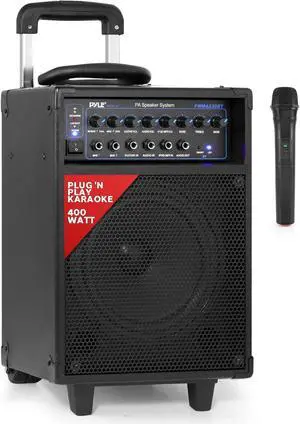 Pyle Wireless Portable PA System-400W Bluetooth Compatible Rechargeable Battery Powered Outdoor Sound Stereo Speaker Microphone Set w/Handle, Wheels-1/4 to AUX, RCA Cable