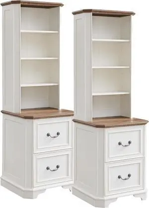 6-Tier Bookcase Set of 2 with 2 File Drawers, 72" Tall Farmhouse Bookshelf with Storage & Adjustable Shelves, Wooden Floor Standing Display Book Shelf for Home Office, Antique White