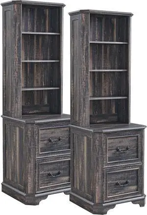 6-Tier Bookcase Set of 2 with 2 File Drawers, 72" Tall Farmhouse Bookshelf with Storage & Adjustable Shelves, Wooden Floor Standing Display Book Shelf for Home Office, Dark Rustic Oak