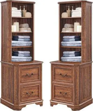 72" Tall Farmhouse Bookcase Set of 2 with 2 File Drawers, 6-Tier Bookshelf with Storage & Adjustable Shelves, Wooden Floor Standing Display Book Shelf for Home Office, Reclaimed Barnwood
