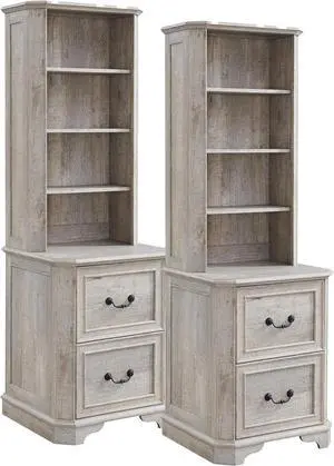 6-Tier Bookcase Set of 2 with 2 File Drawers, 72" Tall Farmhouse Bookshelf with Storage & Adjustable Shelves, Wooden Floor Standing Display Book Shelf for Home Office, Light Rustic Oak