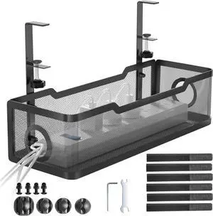 Under Desk Cable Management Tray Black, Cinati Wire Organizers No Drill, Cable Tray with Clamp for Wire Management, Cord Organization Box for Office, Home - No Damage to Desk,Black