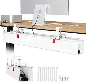 No Drill Under Desk Cable Management Tray, 36" Cord Organizer for Table, Clamp/Screw Mount Desk Cable Management, Premium Fabric Cable Management Tray for Office, Home,White
