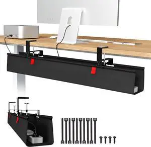 No Drill Under Desk Cable Management Tray, 36" Cord Organizer for Table, Clamp/Screw Mount Desk Cable Management, Premium Fabric Cable Management Tray for Office, Home,Black