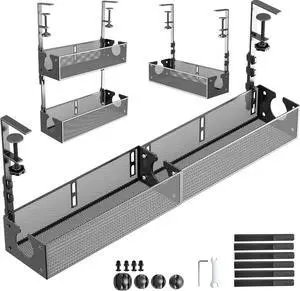 Multi-Model Under Desk Cable Management 2 Pack Metal Under Desk Wire Management Tray Clamp Mount Under Table Cord Management No Damage The Desk,Black