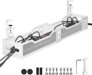 Under Desk Cable Management Tray White, Cable Management Under Desk No Drill, 25'' Cable Tray with Clamp for Wire Management, Cord Organizer for Office, Home - No Damage to Table,White