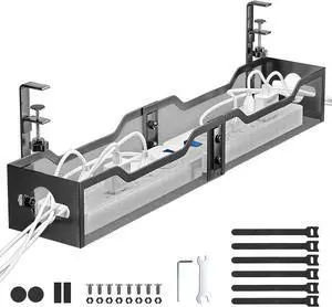 Under Desk Cable Management Tray Black, Cable Management Under Desk No Drill, 25'' Cable Tray with Clamp for Wire Management, Cord Organizer for Office, Home - No Damage to Table,Black