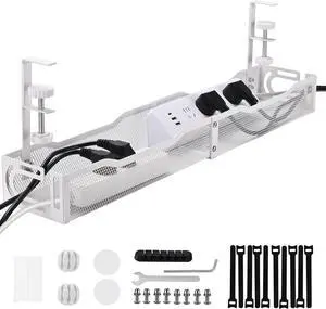 Under Desk Cable Management Tray 25.3 Inch  No Damage Install, Cord Organizer for Office & Home, Wire Organizer for Desk Storage, White